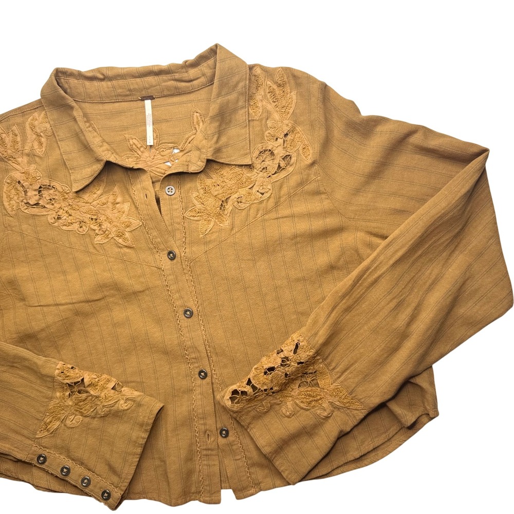 Free People Embroidered Western Shirt Brown Boho Crop oversized festival prarie